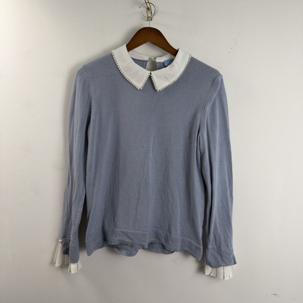 Women's CeCe Blue Sweater w/White Collar & Pearls Size Large